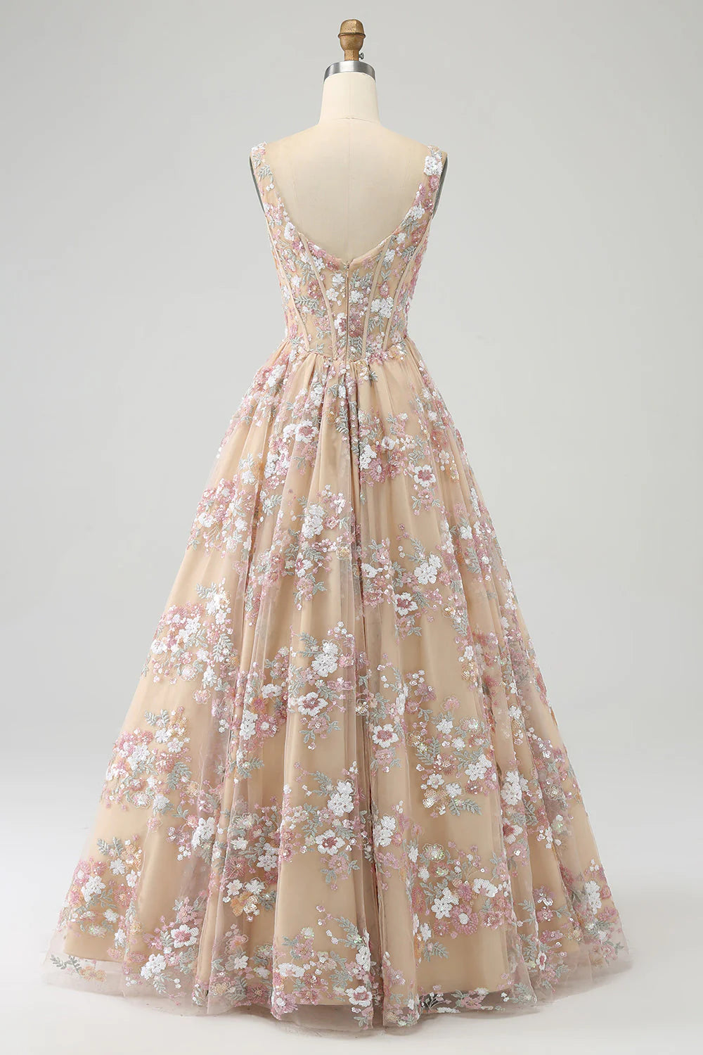 Champagne Square Neck Floral Lace Corset A-Line Evening Dress