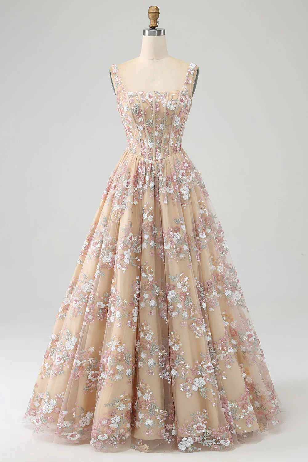 Champagne Square Neck Floral Lace Corset A-Line Evening Dress