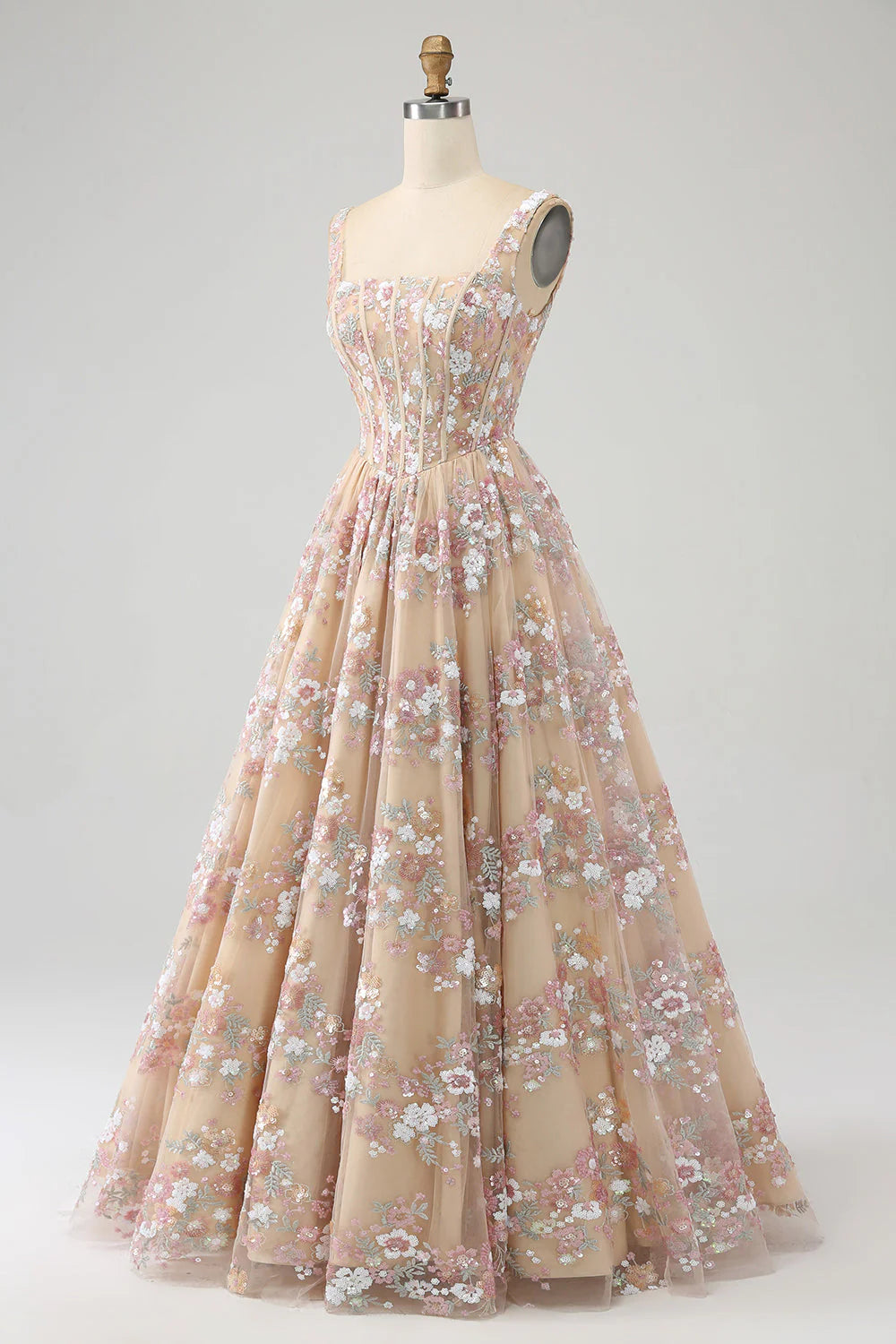 Champagne Square Neck Floral Lace Corset A-Line Evening Dress