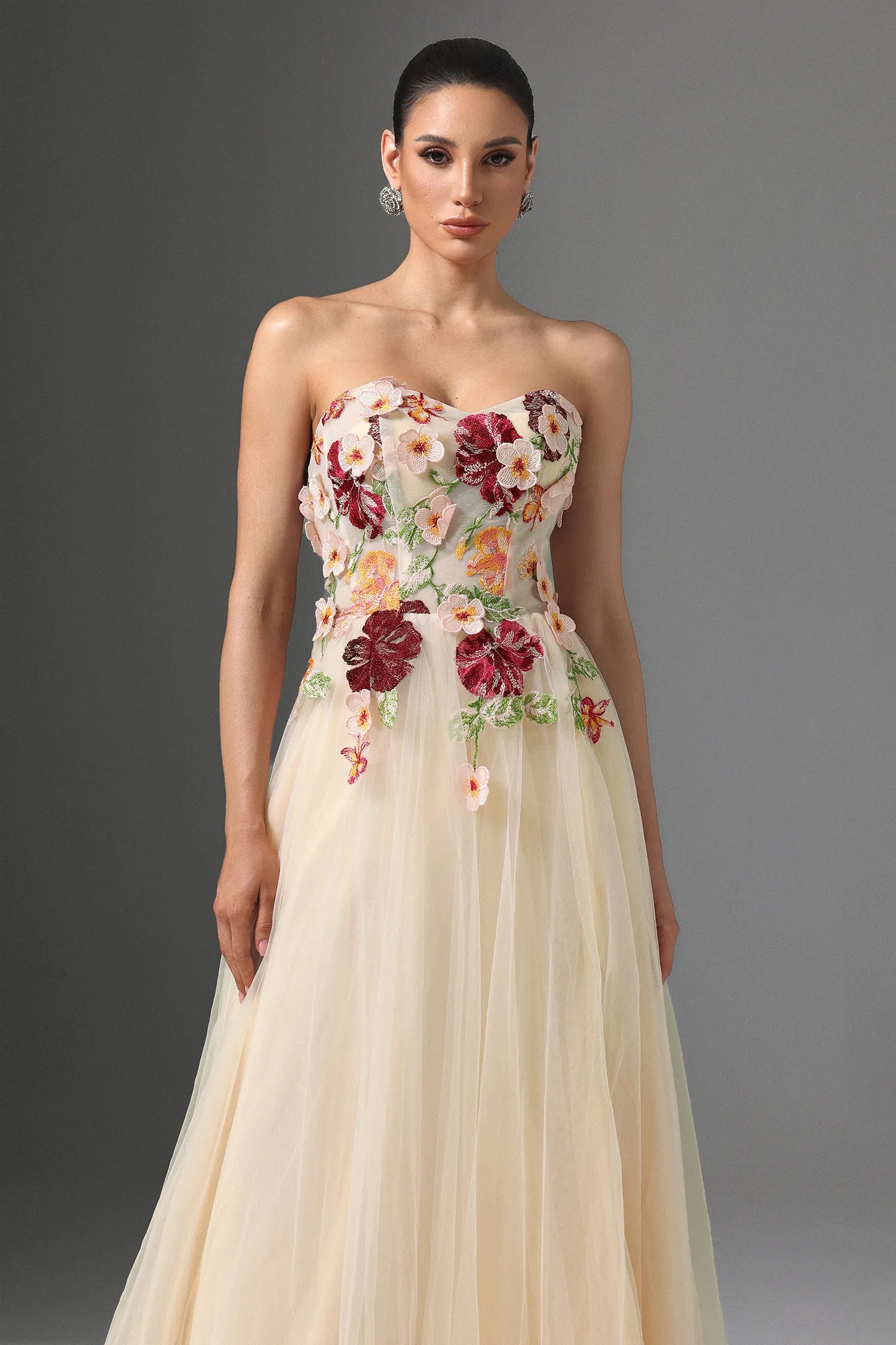 Champagne Strapless 3D Floral Applique Lace-Up Back Tulle Maxi Evening Dresses