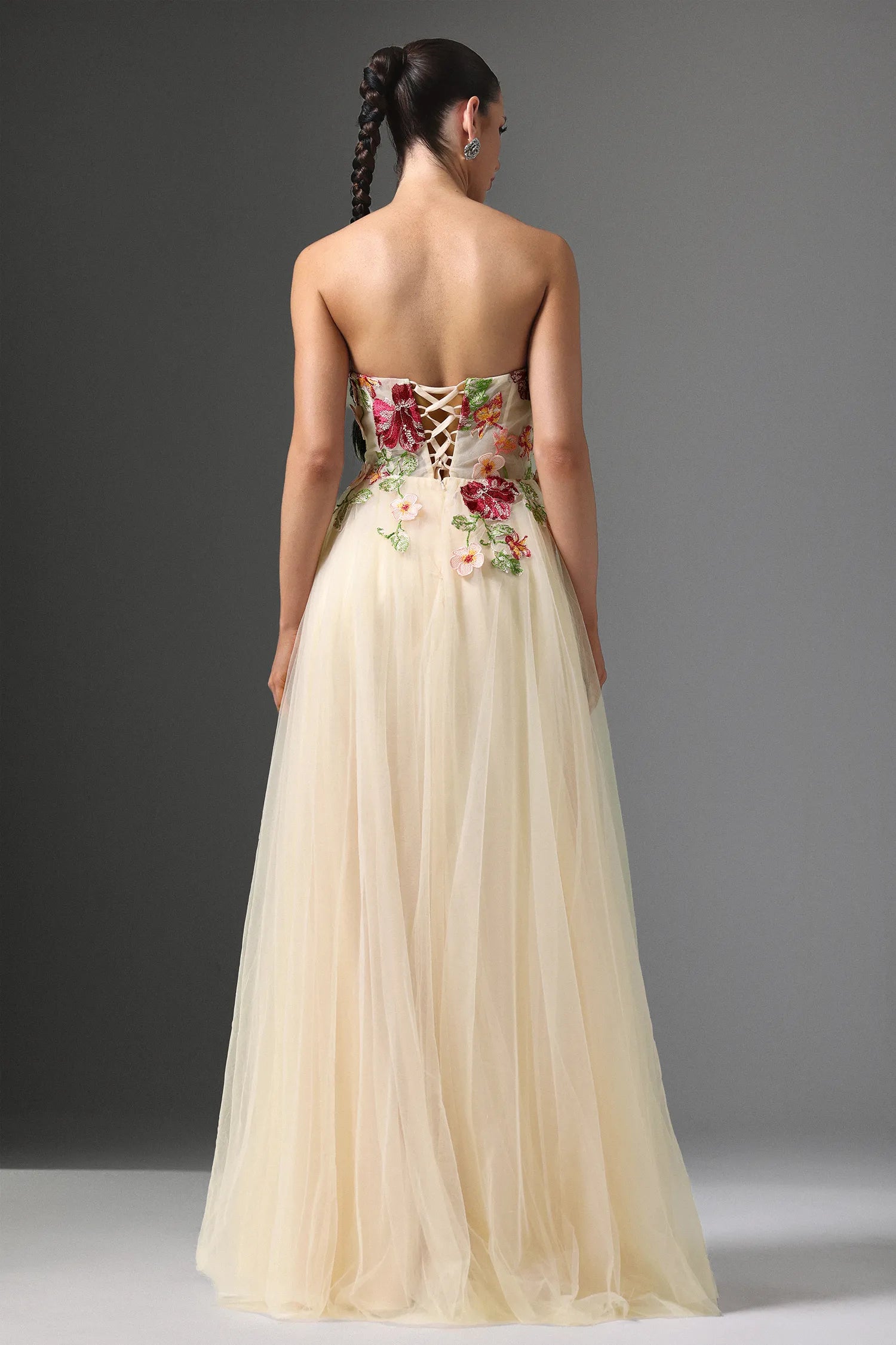 Champagne Strapless 3D Floral Applique Lace-Up Back Tulle Maxi Evening Dresses