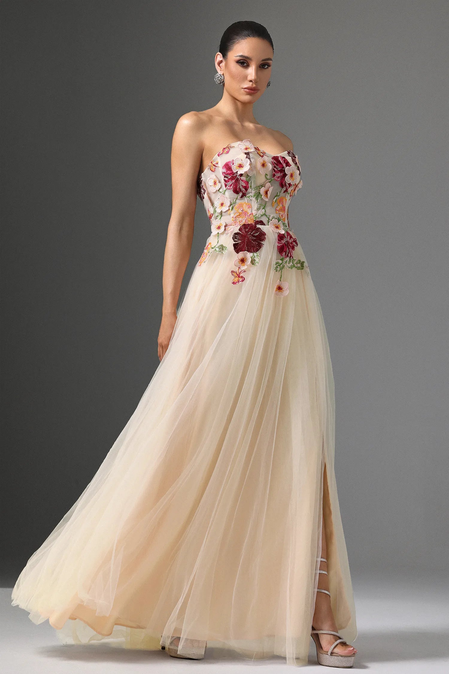 Champagne Strapless 3D Floral Applique Lace-Up Back Tulle Maxi Evening Dresses