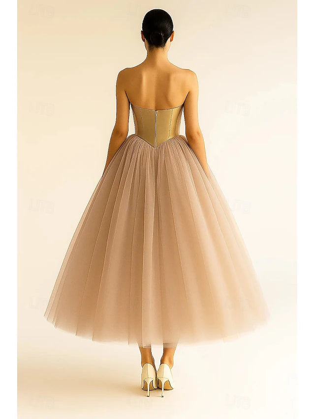 Champagne Strapless Corset Tulle Tea-Length Evening Dresses