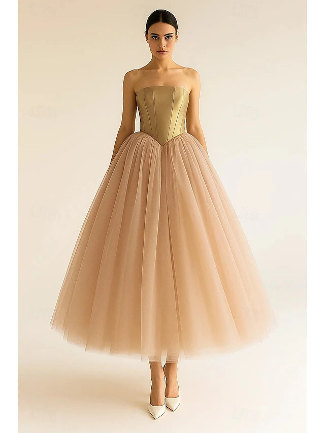 Champagne Strapless Corset Tulle Tea-Length Evening Dresses