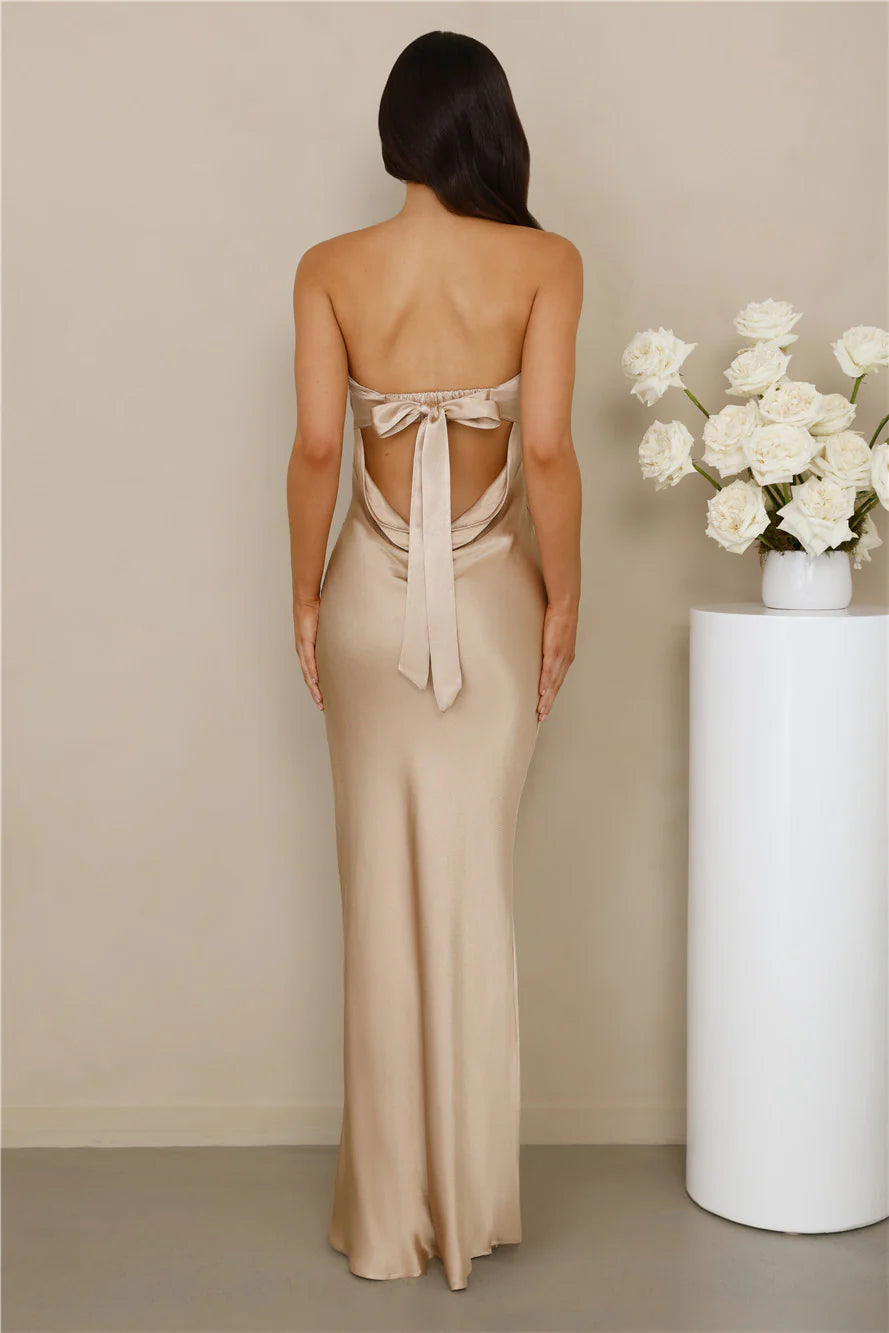 Champagne Strapless Cowl Back Tie Detail Satin Mermaid Maxi Evening Dresses