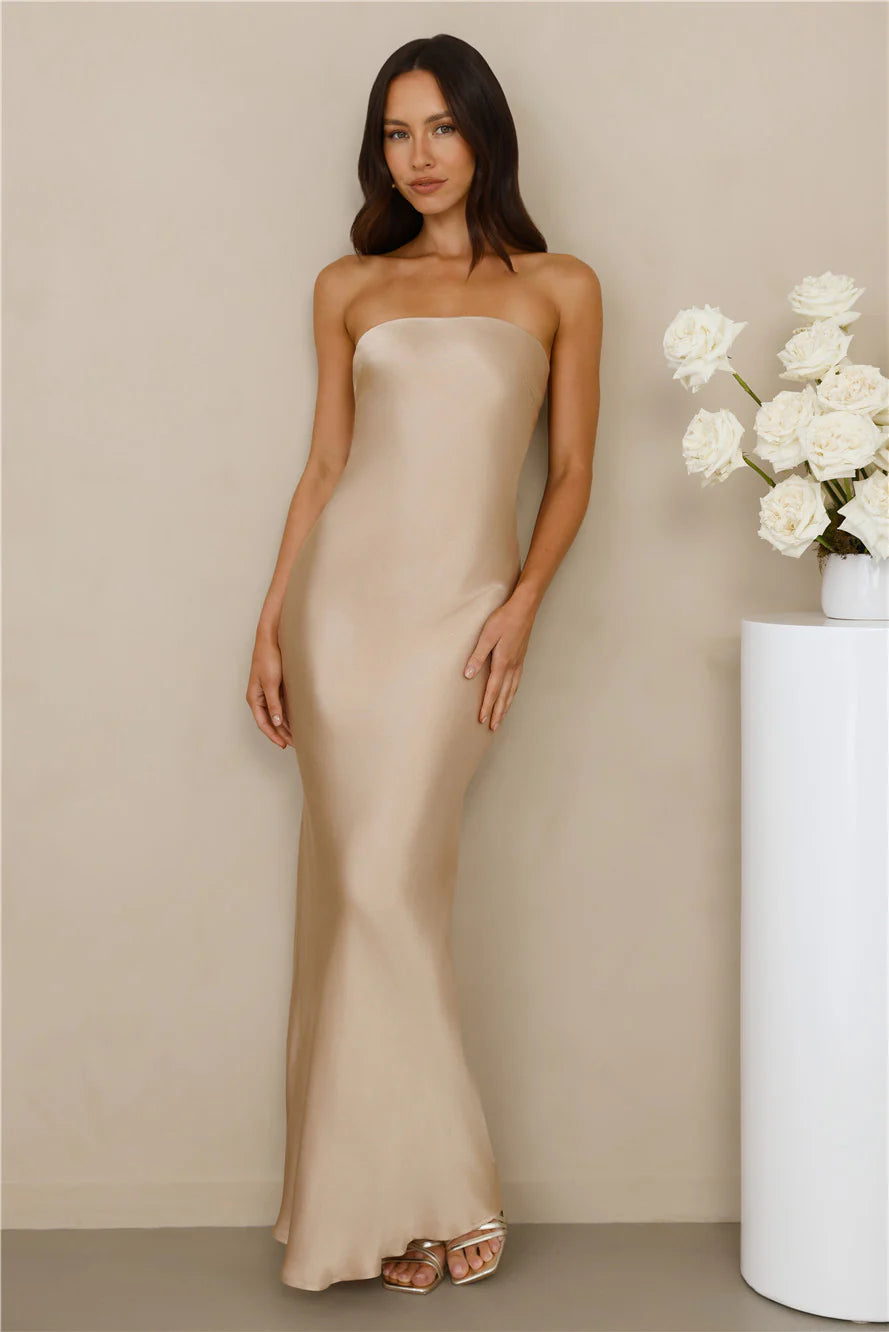 Champagne Strapless Cowl Back Tie Detail Satin Mermaid Maxi Evening Dresses