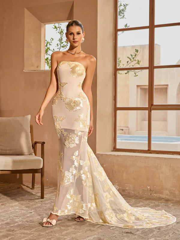 Champagne Strapless Floral Embroidered Mermaid Evening Dress