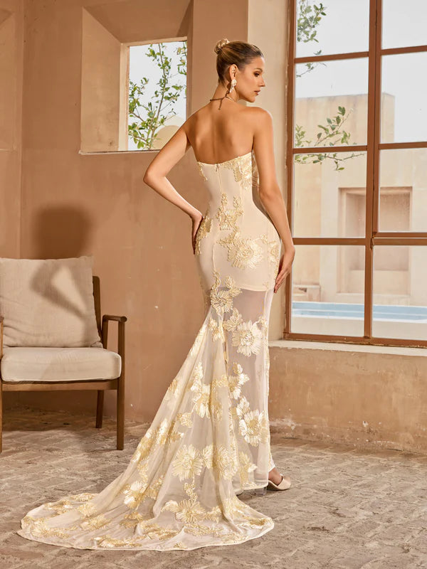 Champagne Strapless Floral Embroidered Mermaid Evening Dress