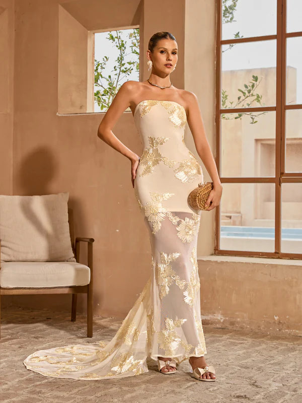 Champagne Strapless Floral Embroidered Mermaid Evening Dress
