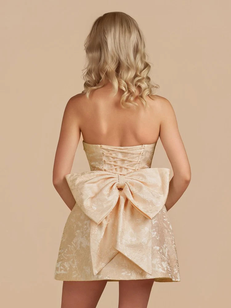 Champagne Strapless Jacquard Lace-Up Bow-Back Homecoming Dresses