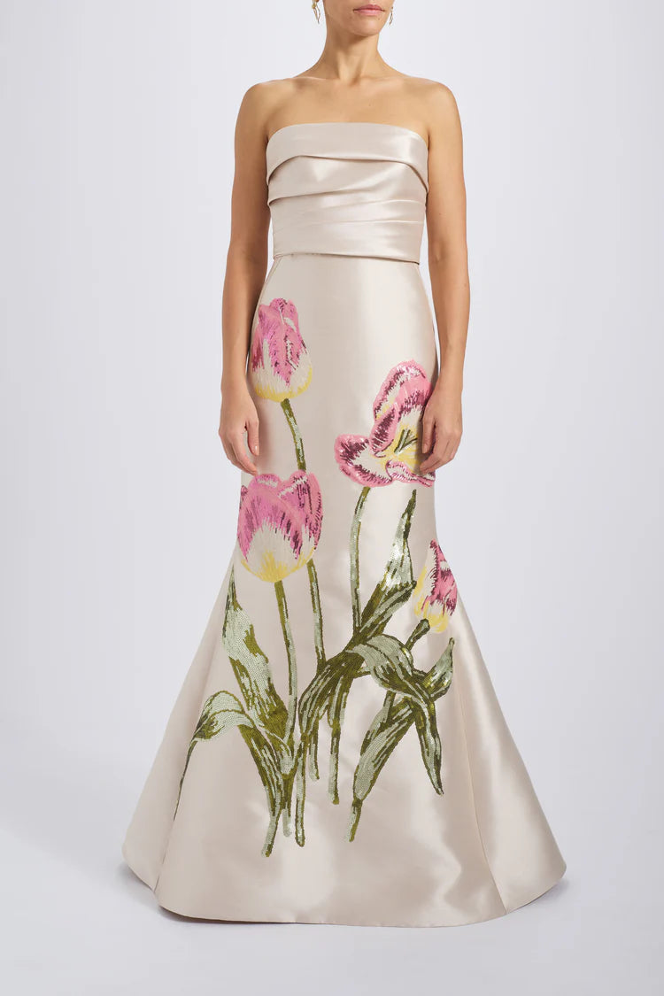 Champagne Strapless Tulip Sequin Embroidery Mermaid Maxi Evening Dresses