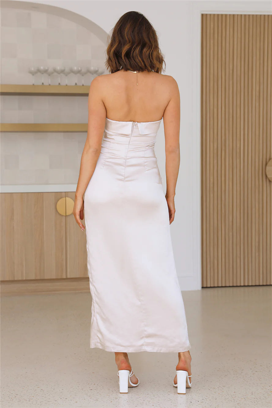 Champagne Strapless Twist Knot High Slit Satin Midi Evening Dresses