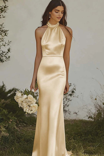 Hanging neck and exposed back mermaid suspender satin long dress
