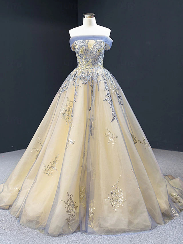 Champagne & Blue Floral Embroidered Off-the-Shoulder Ball Gown Evening Dresses with Train