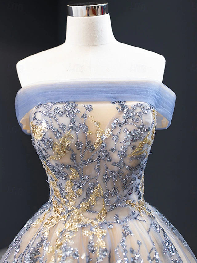Champagne & Blue Floral Embroidered Off-the-Shoulder Ball Gown Evening Dresses with Train