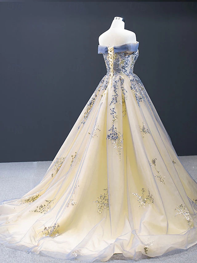 Champagne & Blue Floral Embroidered Off-the-Shoulder Ball Gown Evening Dresses with Train