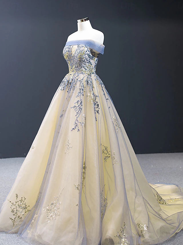 Champagne & Blue Floral Embroidered Off-the-Shoulder Ball Gown Evening Dresses with Train