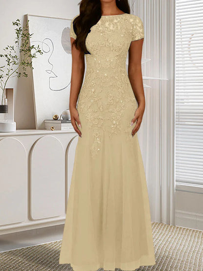 Mermaid round neck sequined chiffon dress long
