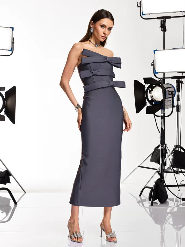 Charcoal Gray Strapless Bow-Embellished Midi Evening Dresses