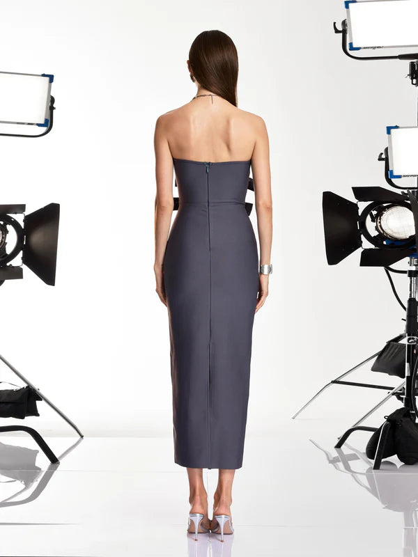 Charcoal Gray Strapless Bow-Embellished Midi Evening Dresses