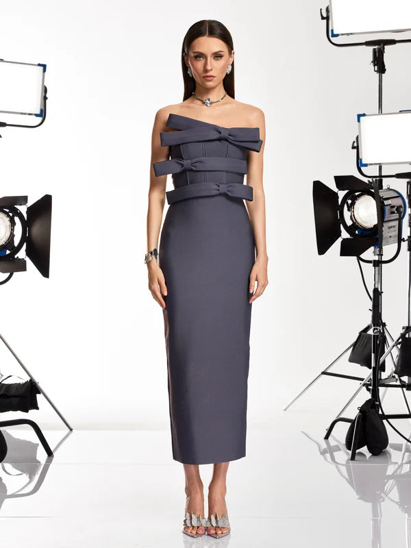 Charcoal Gray Strapless Bow-Embellished Midi Evening Dresses