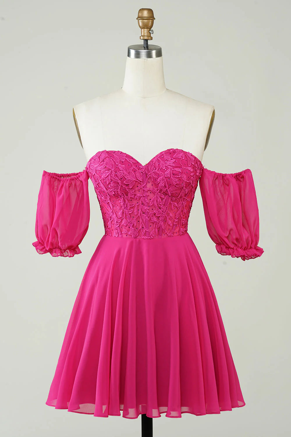 Fuchsia A-line short homecoming dress with corset and lace details, front view.