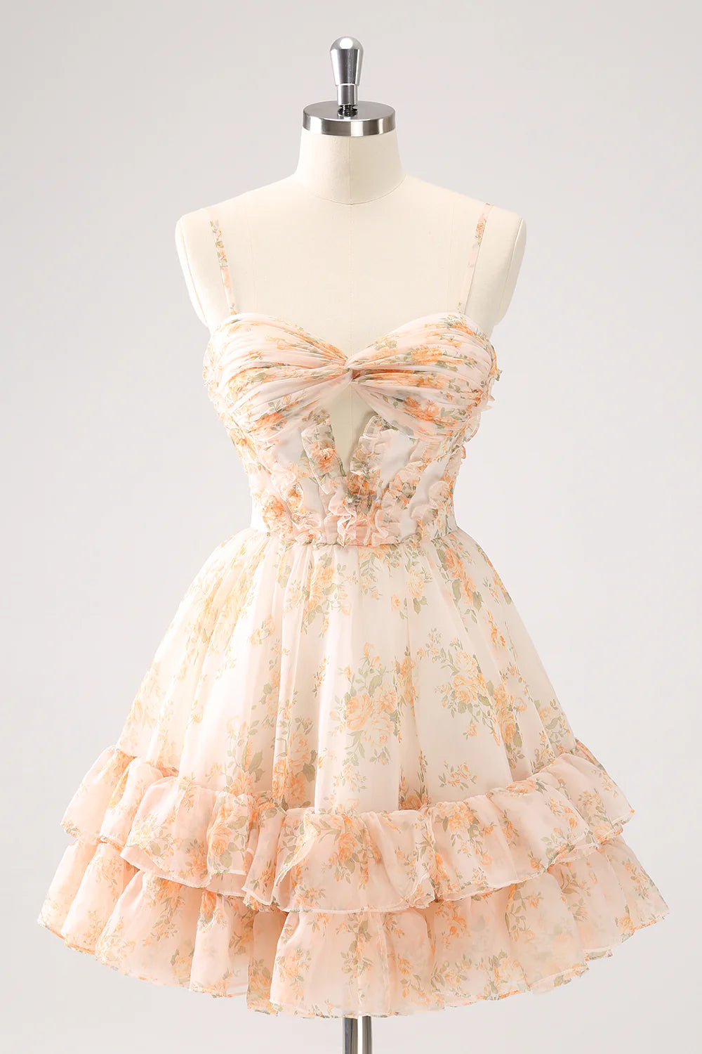 Yellow A-line floral homecoming dress with tiered skirt and ruffles.
