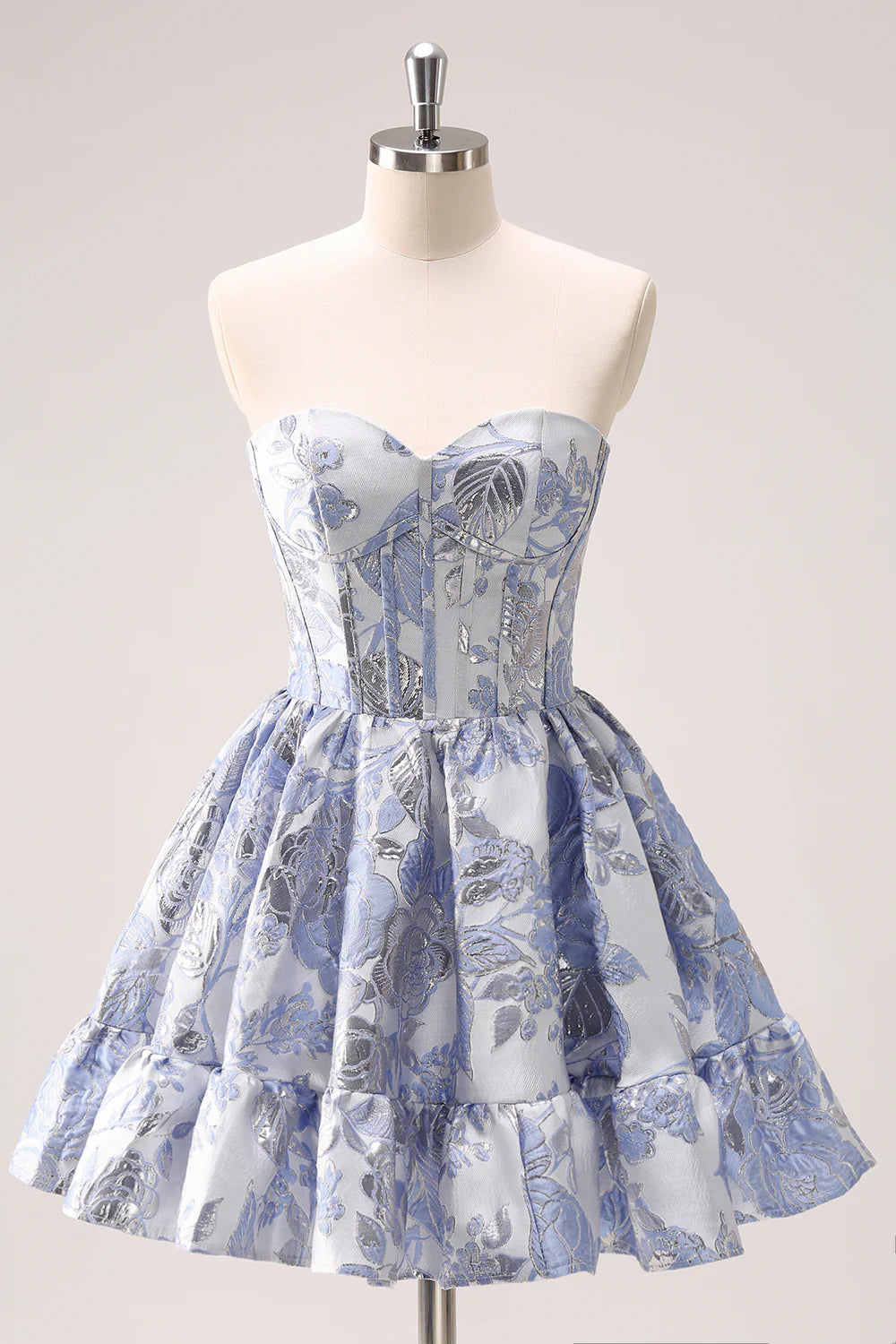 Blue A-line sweetheart corset short homecoming dress with ruffles.