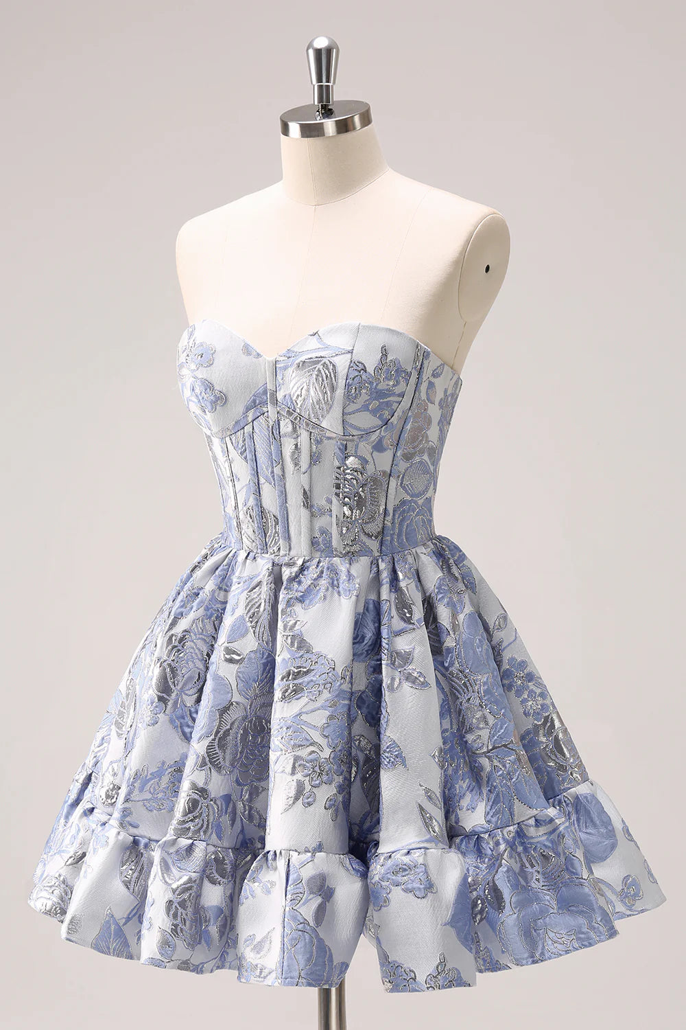 Back view of the ruffled blue short homecoming dress.