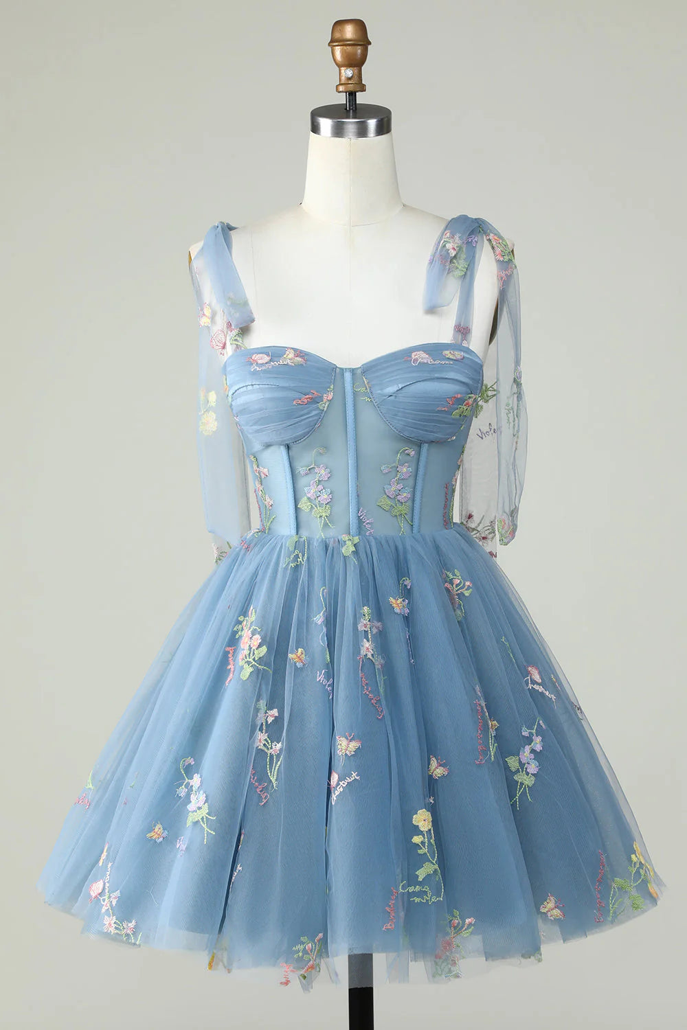 Grey blue A-line short homecoming dress with spaghetti straps and appliques.