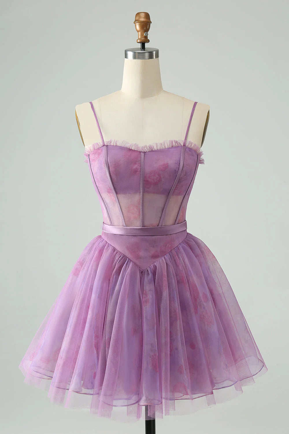 Full view of the charming purple A-line spaghetti strap dress with print corset.