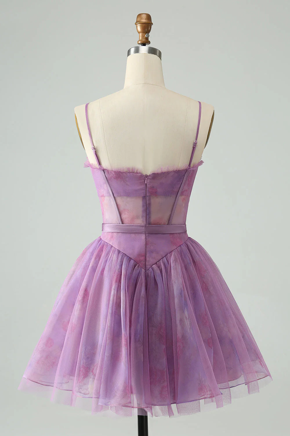 Back view of the purple A-line spaghetti strap dress, showing corset detail.
