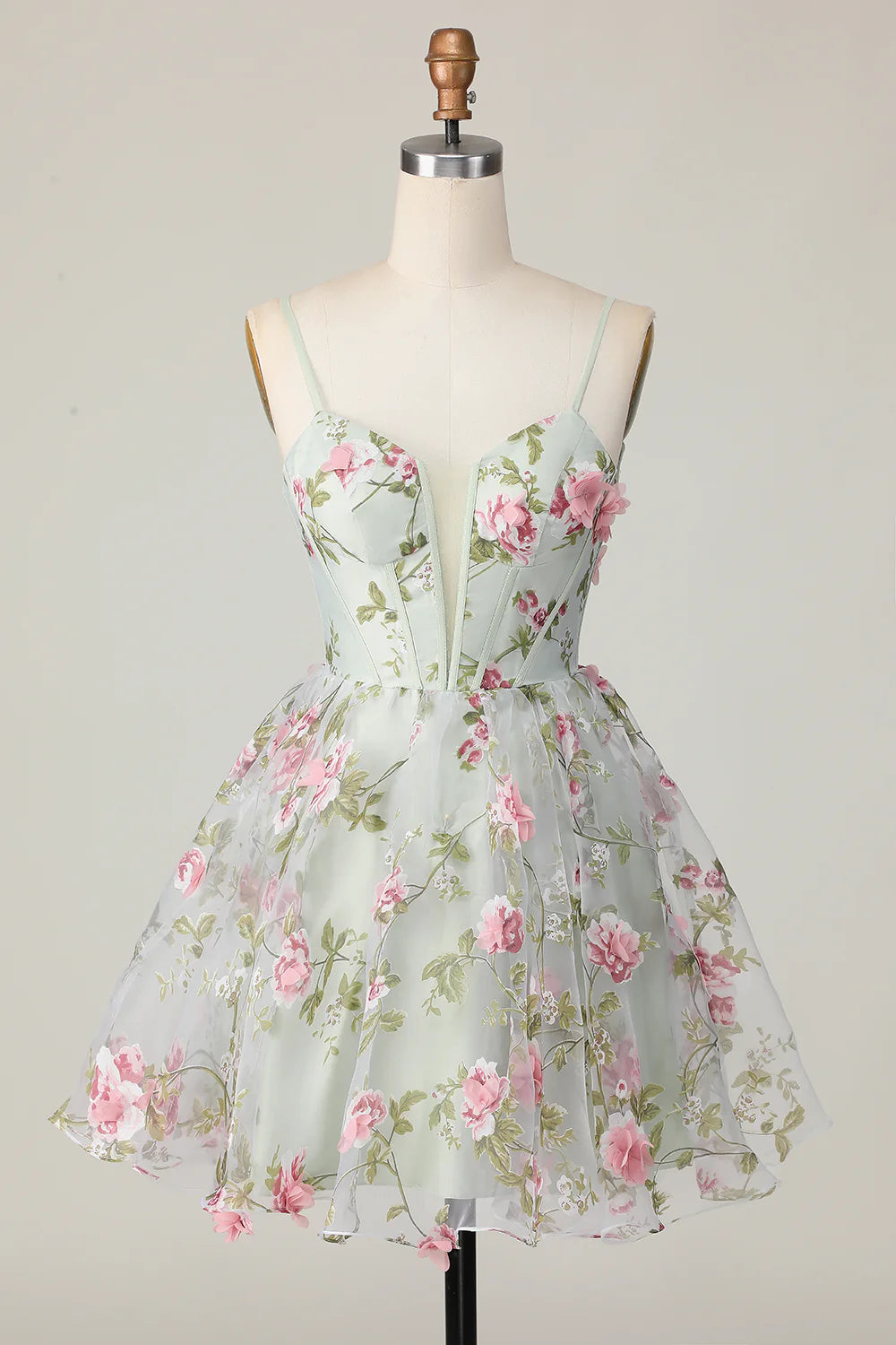 Sage floral A-line short homecoming dress with corset bodice.