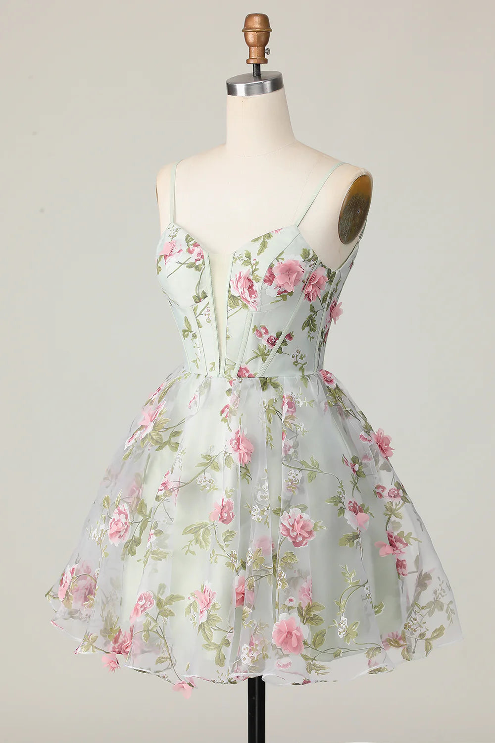 Front view of sage floral A-line dress with sweetheart neckline.