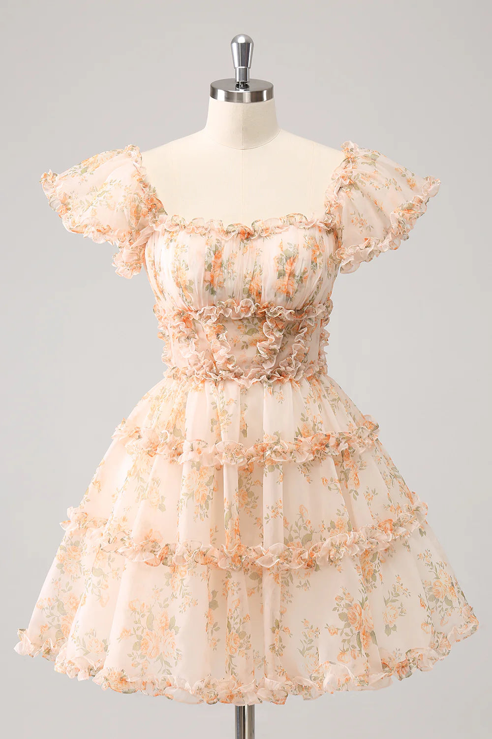 Yellow A-line homecoming dress with square neckline and corset back.