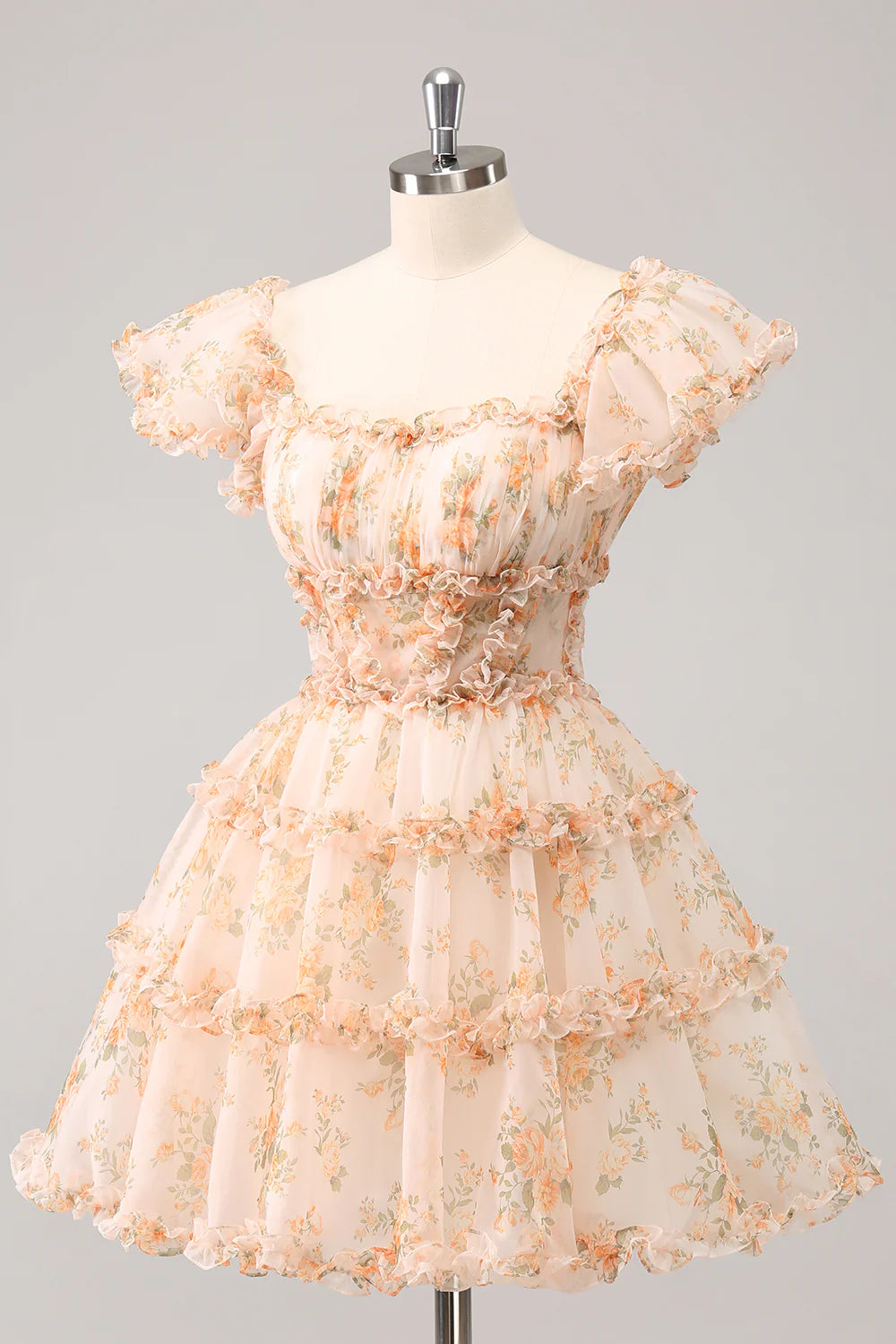 Side view of a yellow satin A-line dress with a square neck.