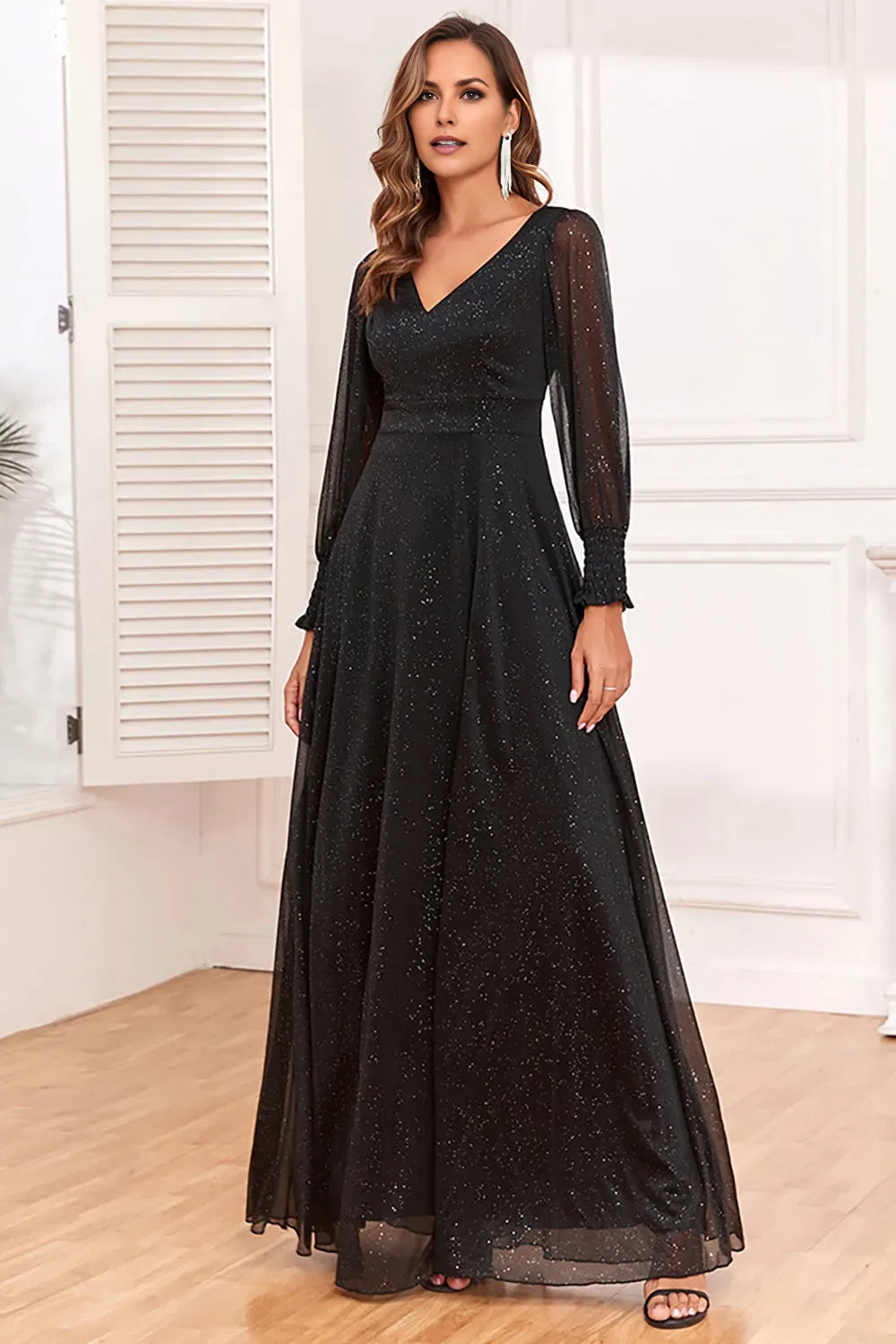 Charming A-Line Black Long Sleeves Glitter V-Neck  High Slit Gown Mother of the Bride Dress hot sale