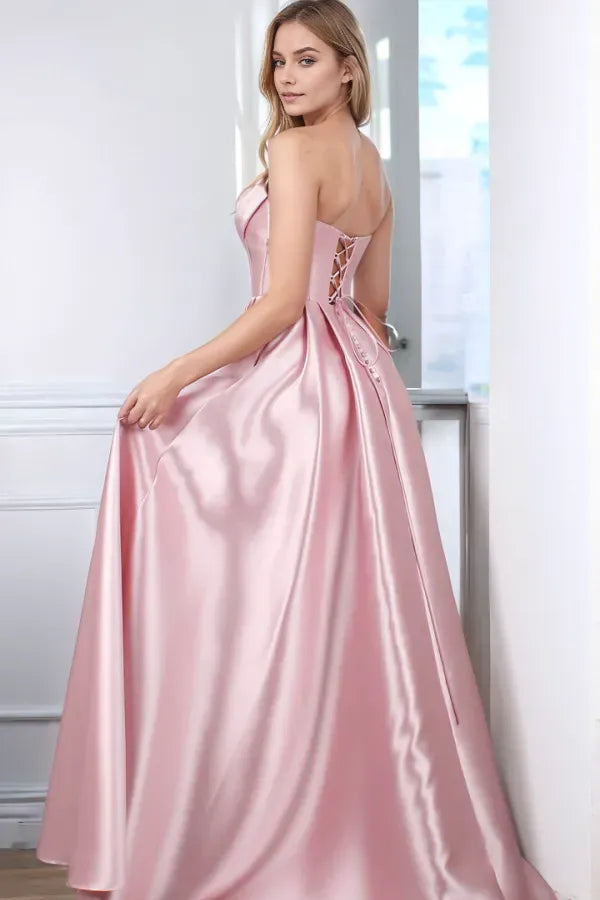 Charming A-Line Boat Neck Sleeveless Sequins Pleated Lace-Up High Side Slit and Train Prom Dress
