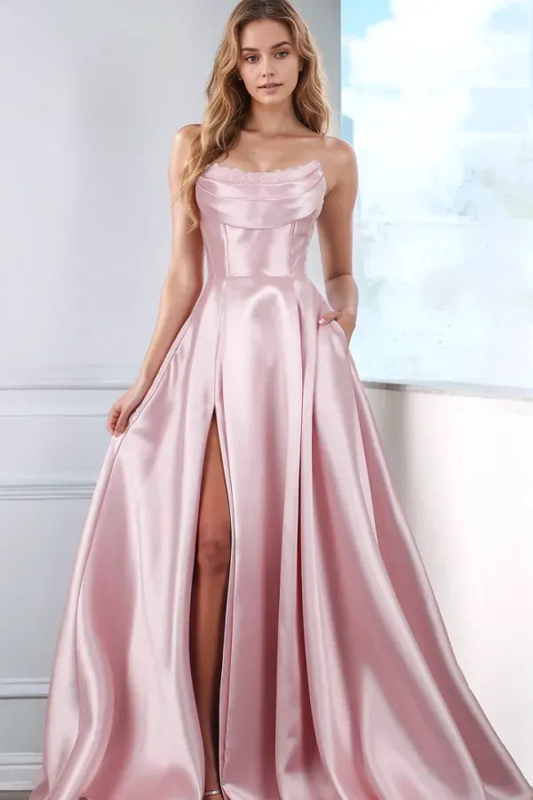 Charming A-Line Boat Neck Sleeveless Sequins Pleated Lace-Up High Side Slit and Train Prom Dress