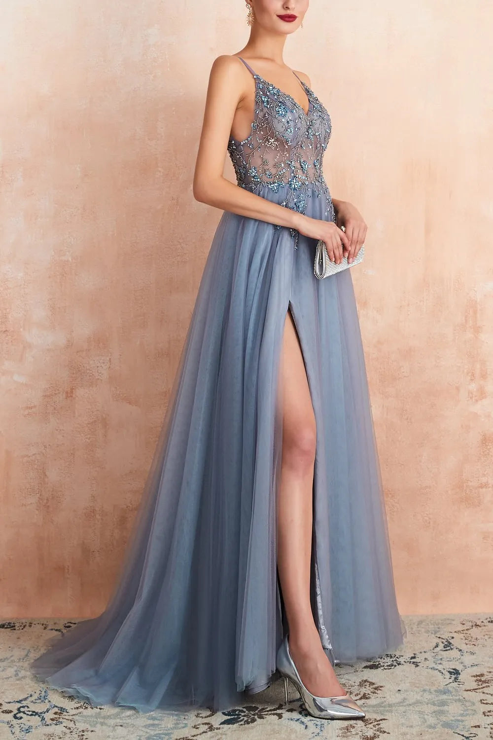 Charming A-Line Deep-V-Neck Spaghetti Straps Tulle Beaded Back Slit Floor-Length Prom Dresses