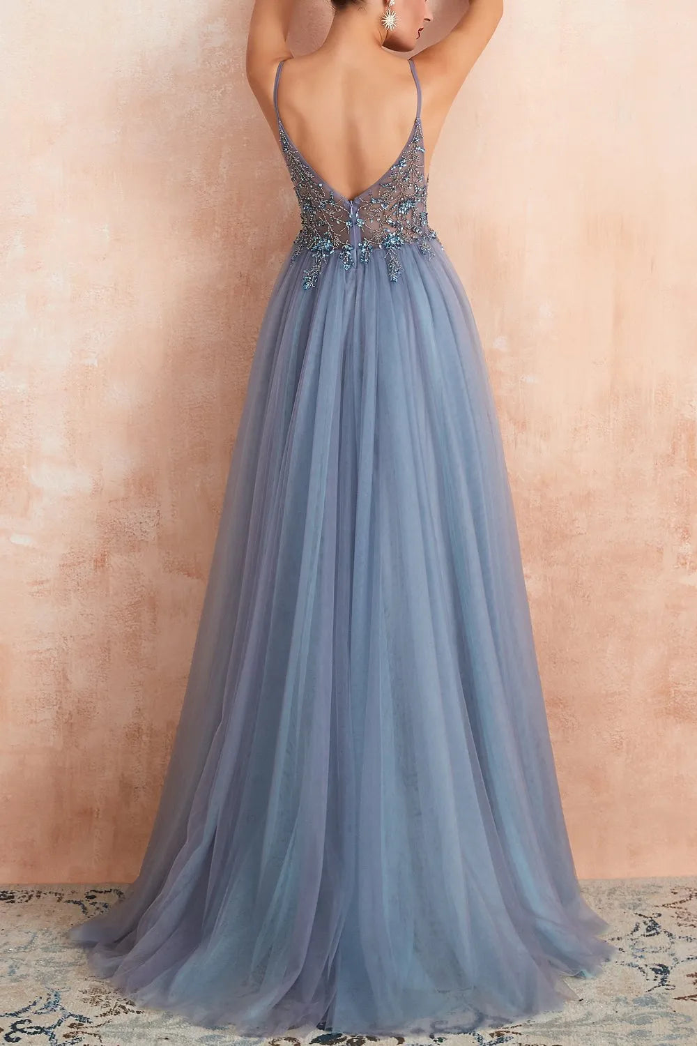 Charming A-Line Deep-V-Neck Spaghetti Straps Tulle Beaded Back Slit Floor-Length Prom Dresses