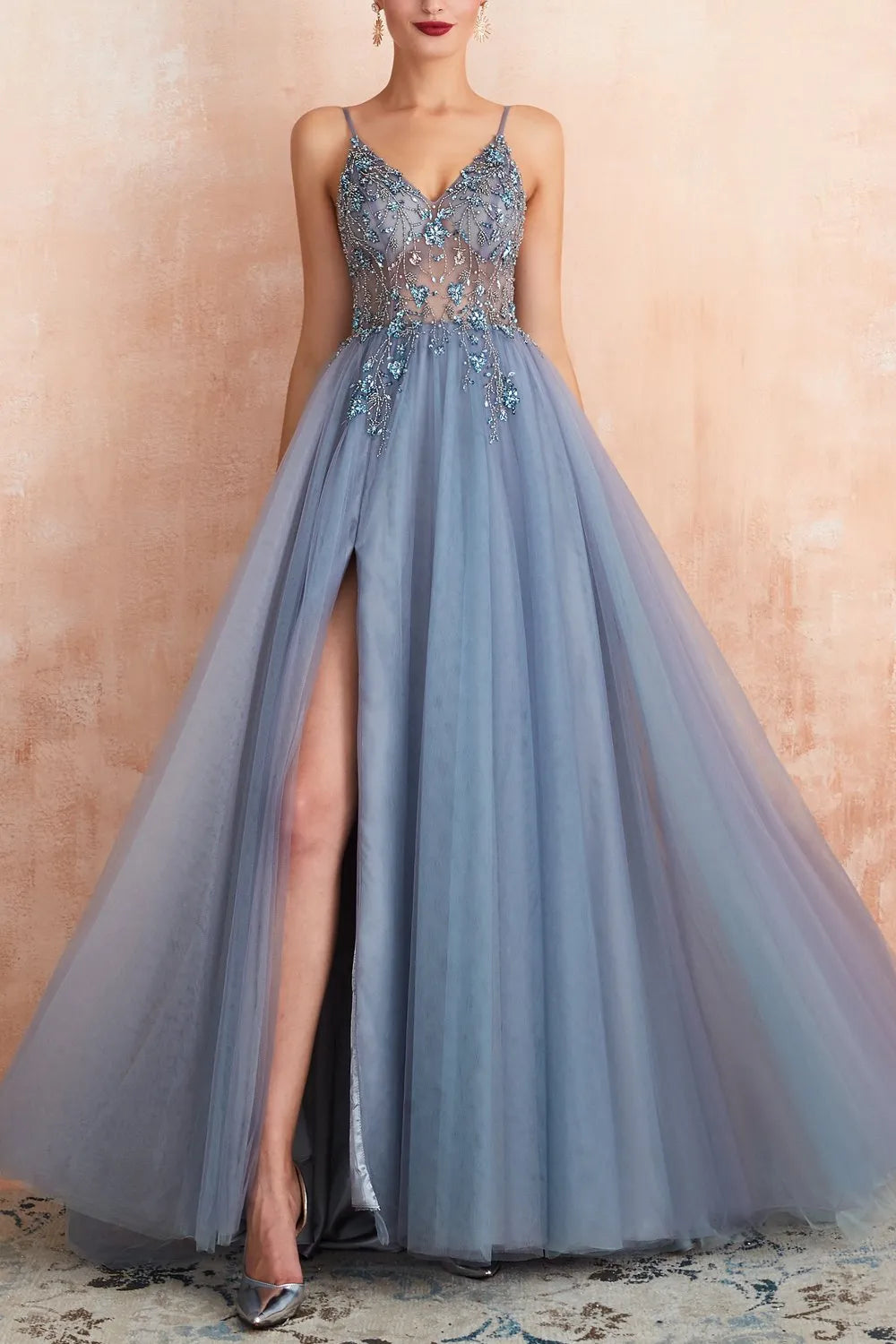 Charming A-Line Deep-V-Neck Spaghetti Straps Tulle Beaded Back Slit Floor-Length Prom Dresses
