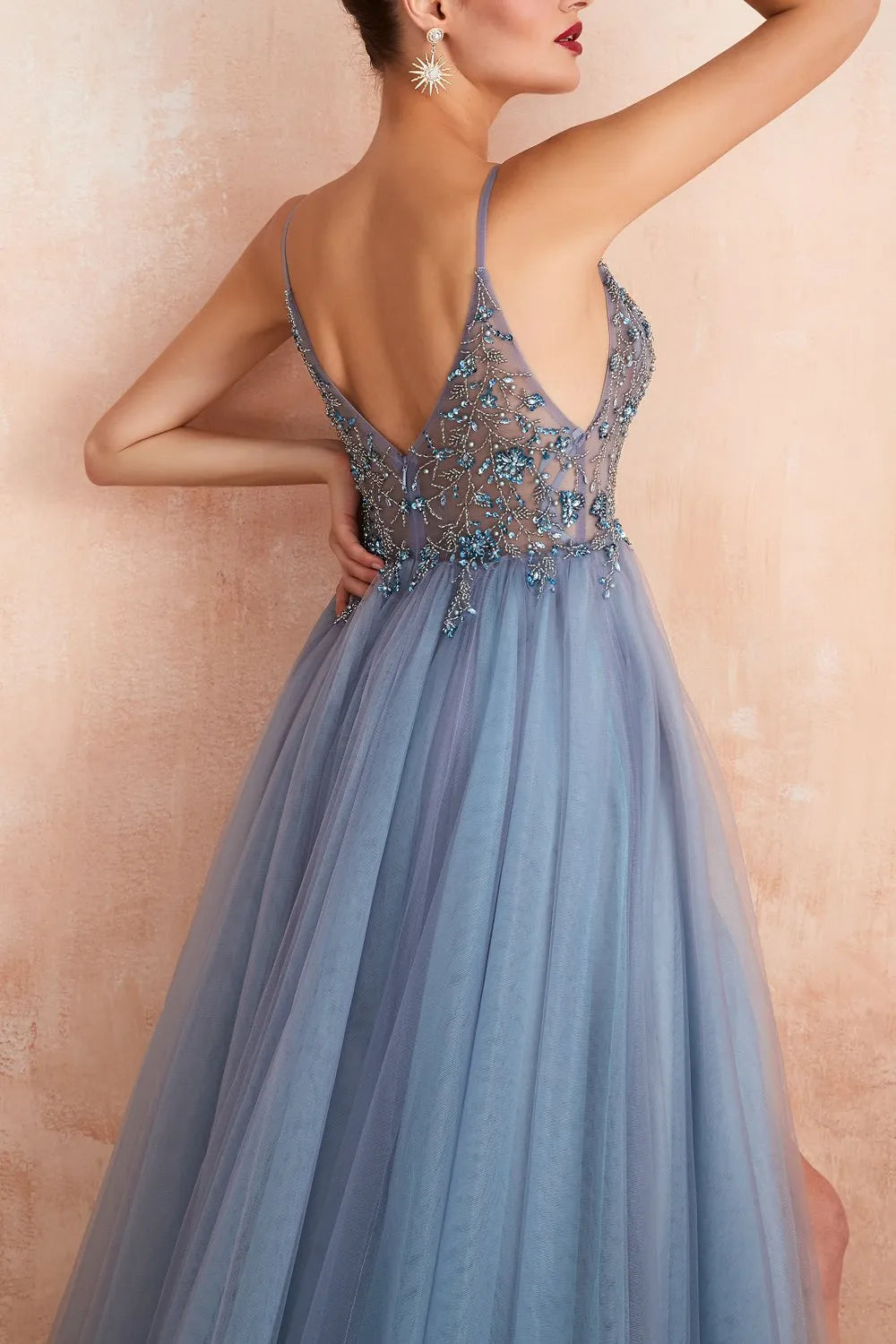 Charming A-Line Deep-V-Neck Spaghetti Straps Tulle Beaded Back Slit Floor-Length Prom Dresses