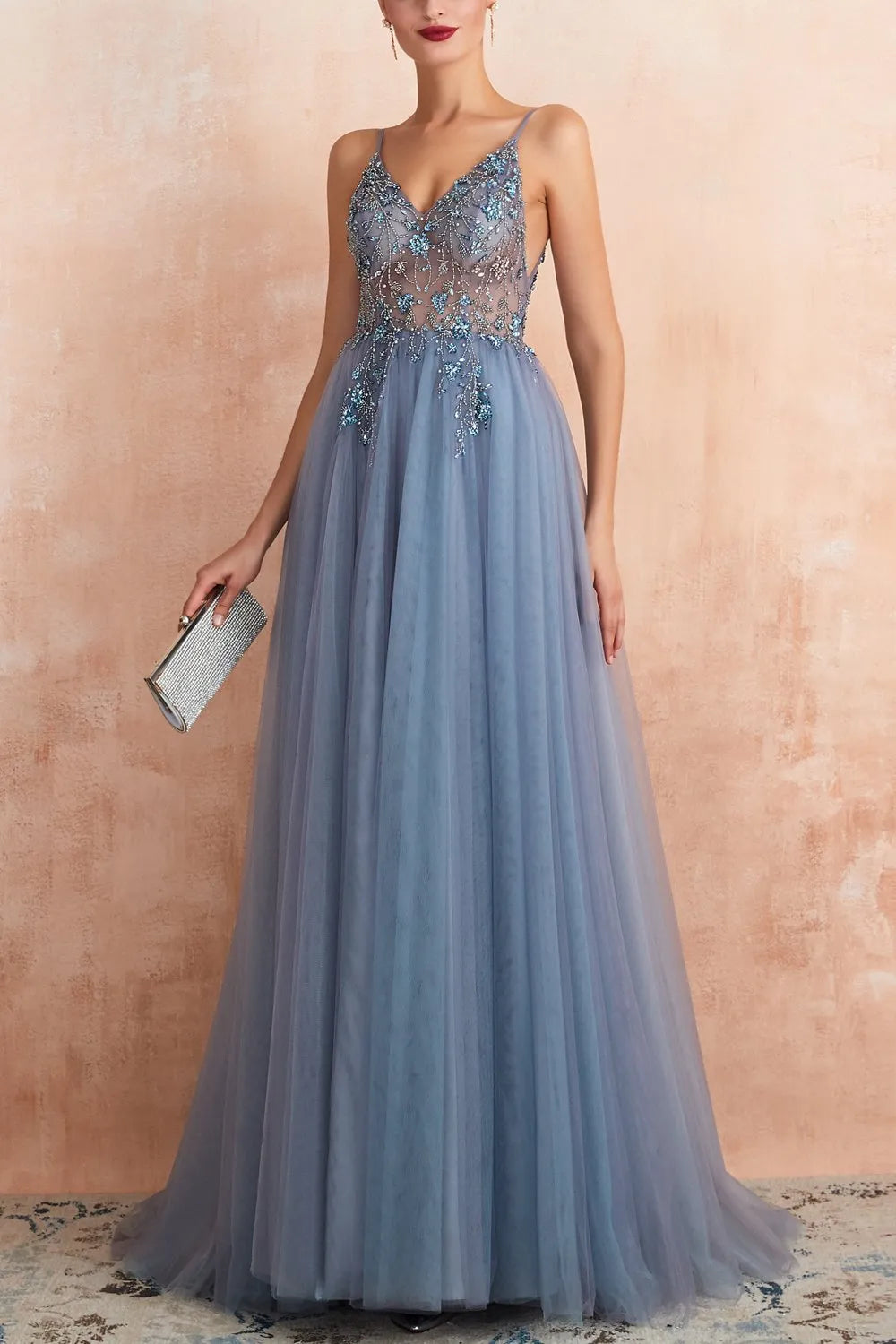 Charming A-Line Deep-V-Neck Spaghetti Straps Tulle Beaded Back Slit Floor-Length Prom Dresses