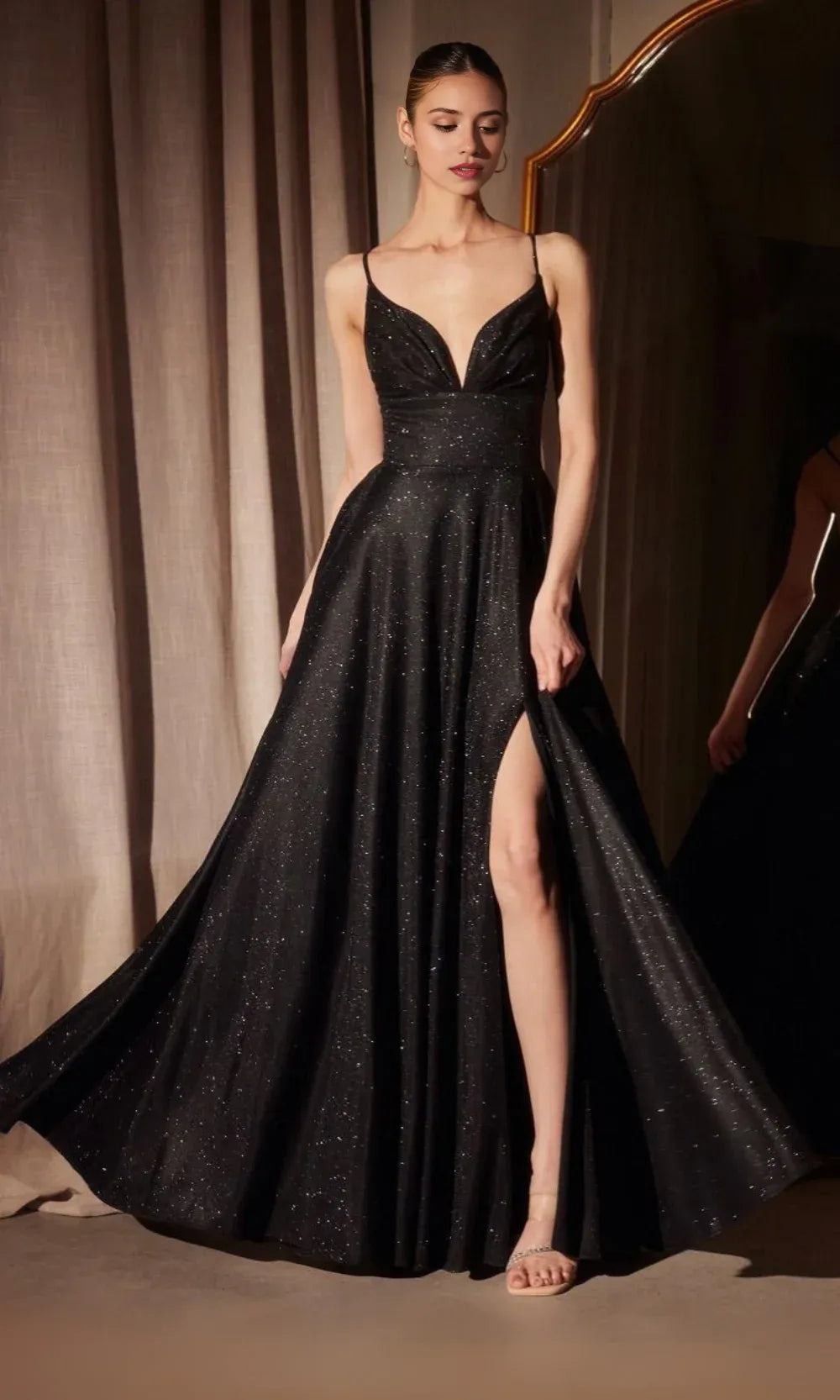 Charming A-Line Deep-V Neck Spaghetti Straps Lace Up-Back Glitter Satin Slit Floor-Length Prom Dresses ﻿