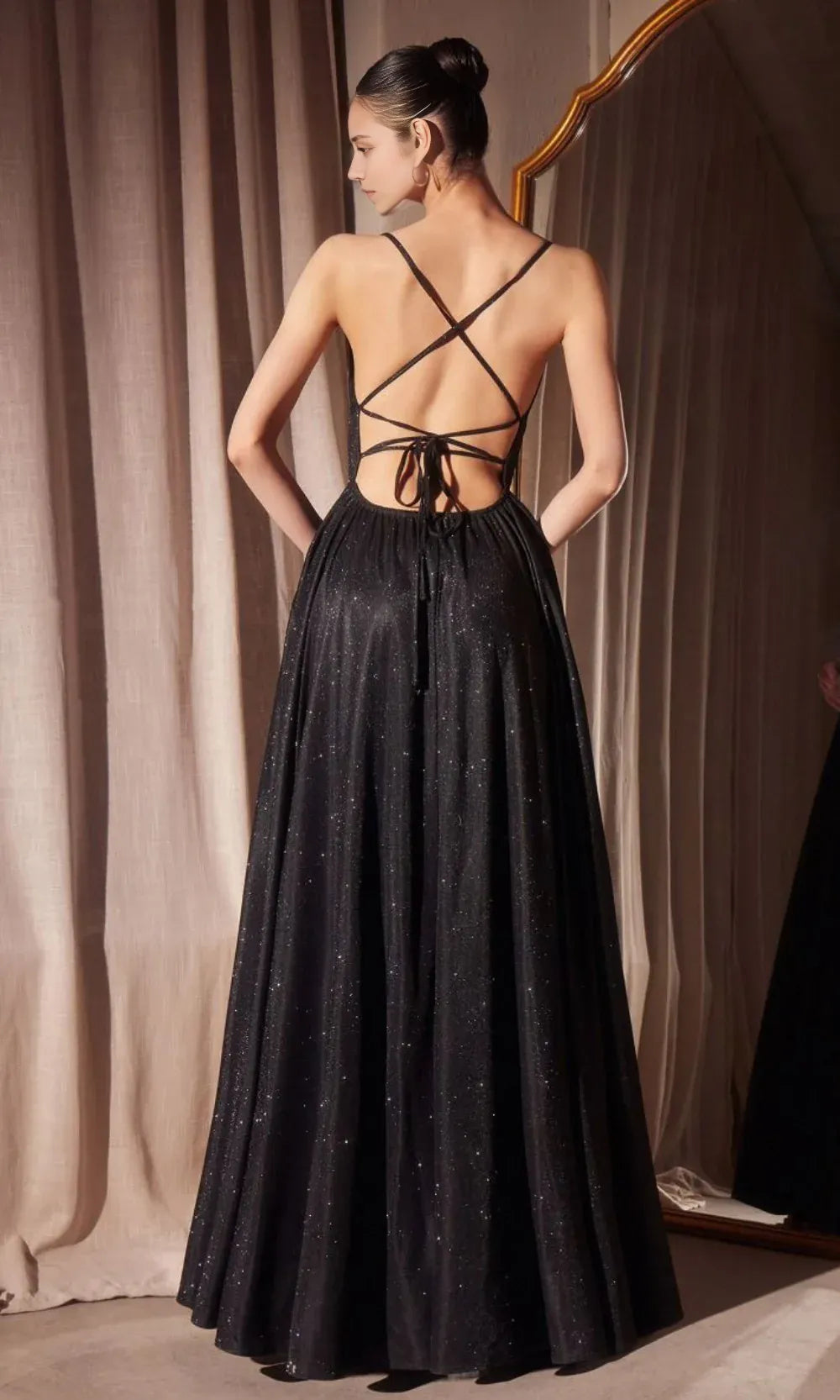 Charming A-Line Deep-V Neck Spaghetti Straps Lace Up-Back Glitter Satin Slit Floor-Length Prom Dresses ﻿