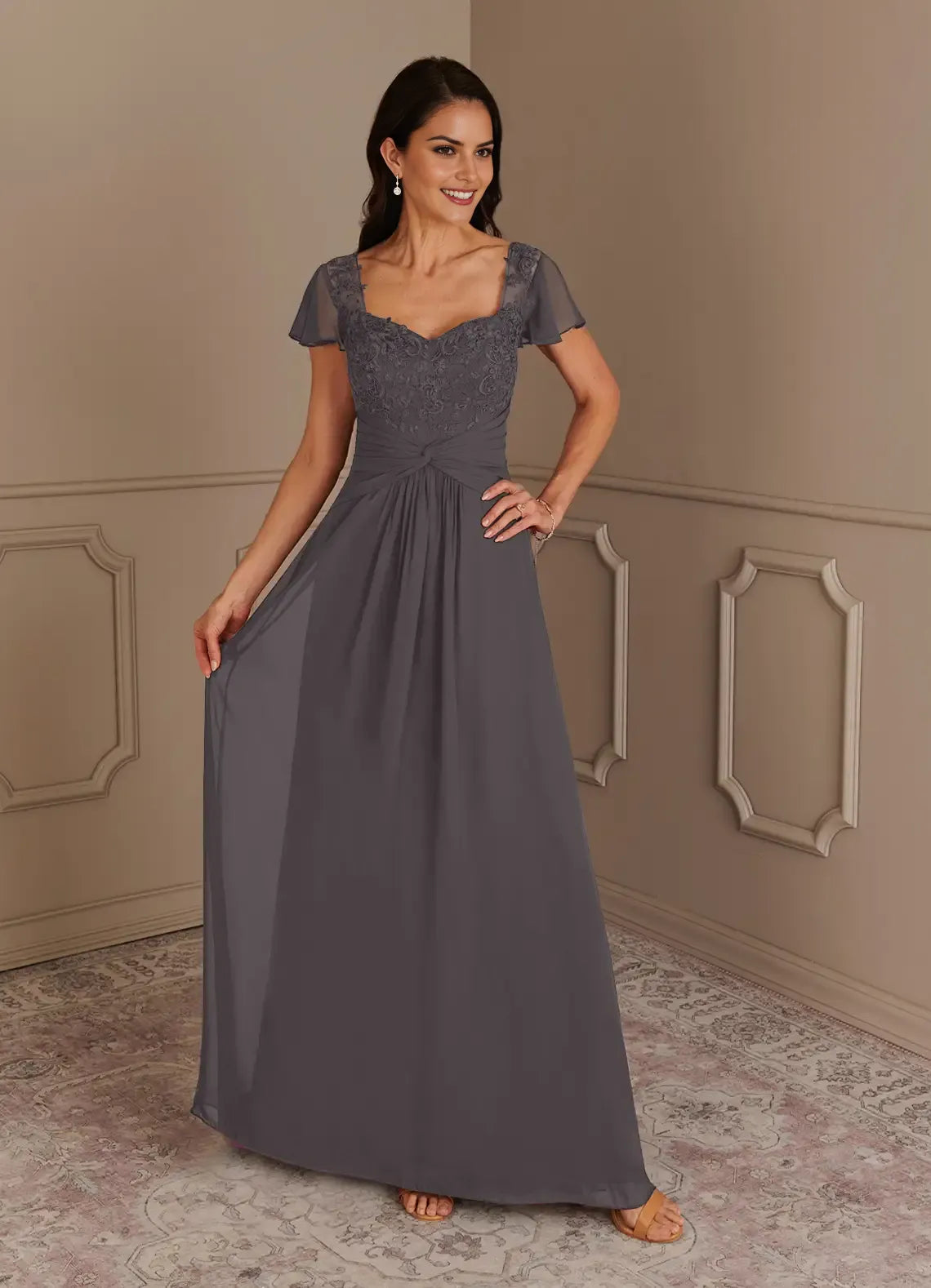 Charming  A-Line Lace Sweetheart  Cap Sleeves V back Back Zip Sweep train Mother of the Bride Dress hot sale