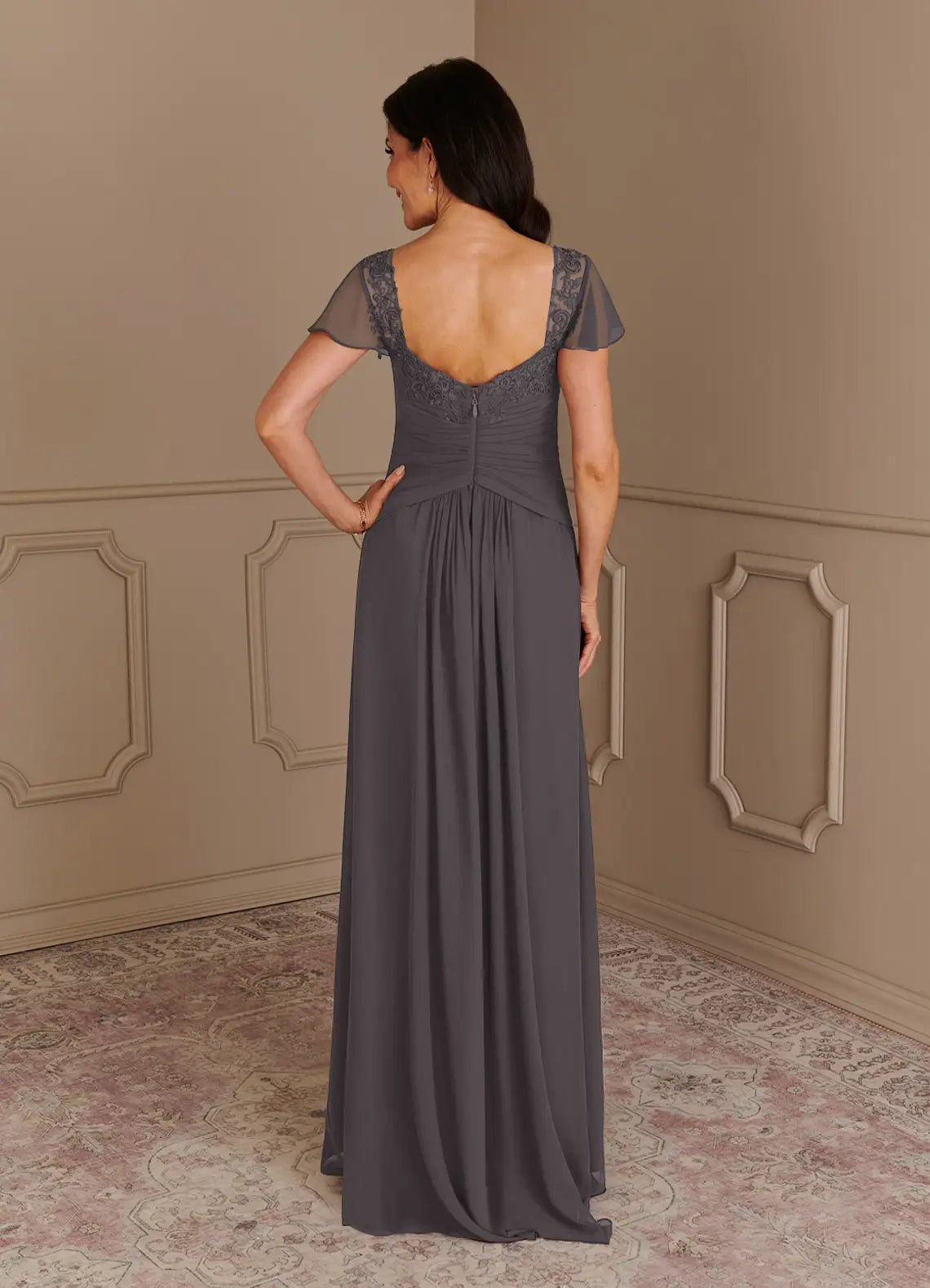 Charming  A-Line Lace Sweetheart  Cap Sleeves V back Back Zip Sweep train Mother of the Bride Dress hot sale