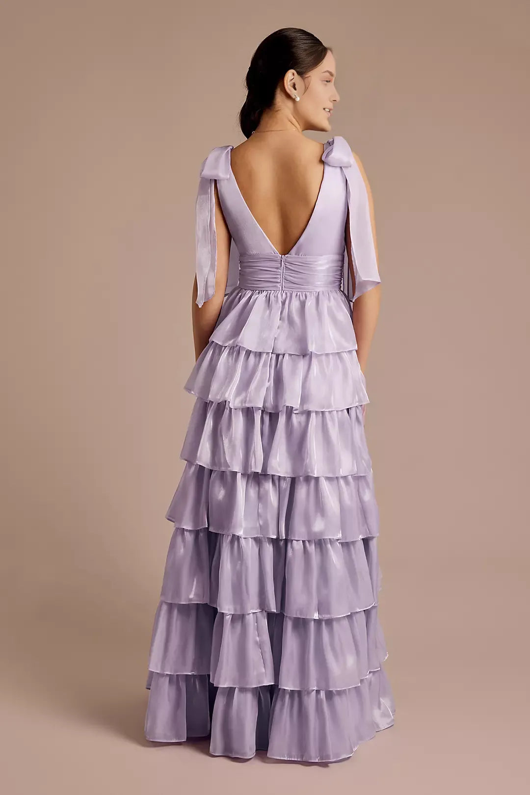 Charming A-Line Plunging V-Neck Tie-Shoulder Tiered-Ruffle Open Back Floor-Length Prom Dresses with Bows