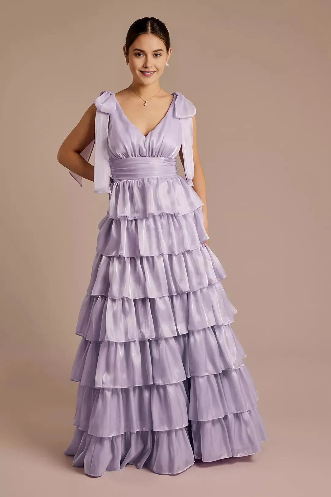 Charming A-Line Plunging V-Neck Tie-Shoulder Tiered-Ruffle Open Back Floor-Length Prom Dresses with Bows